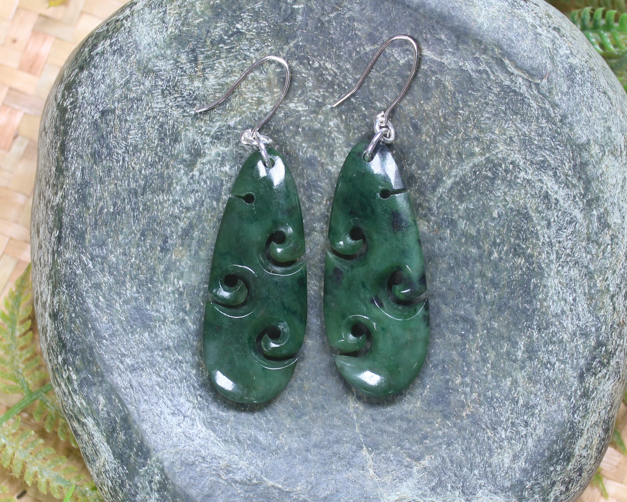 Roimata with Koru earrings carved from Kawakawa Pounamu - NZ Greenstone