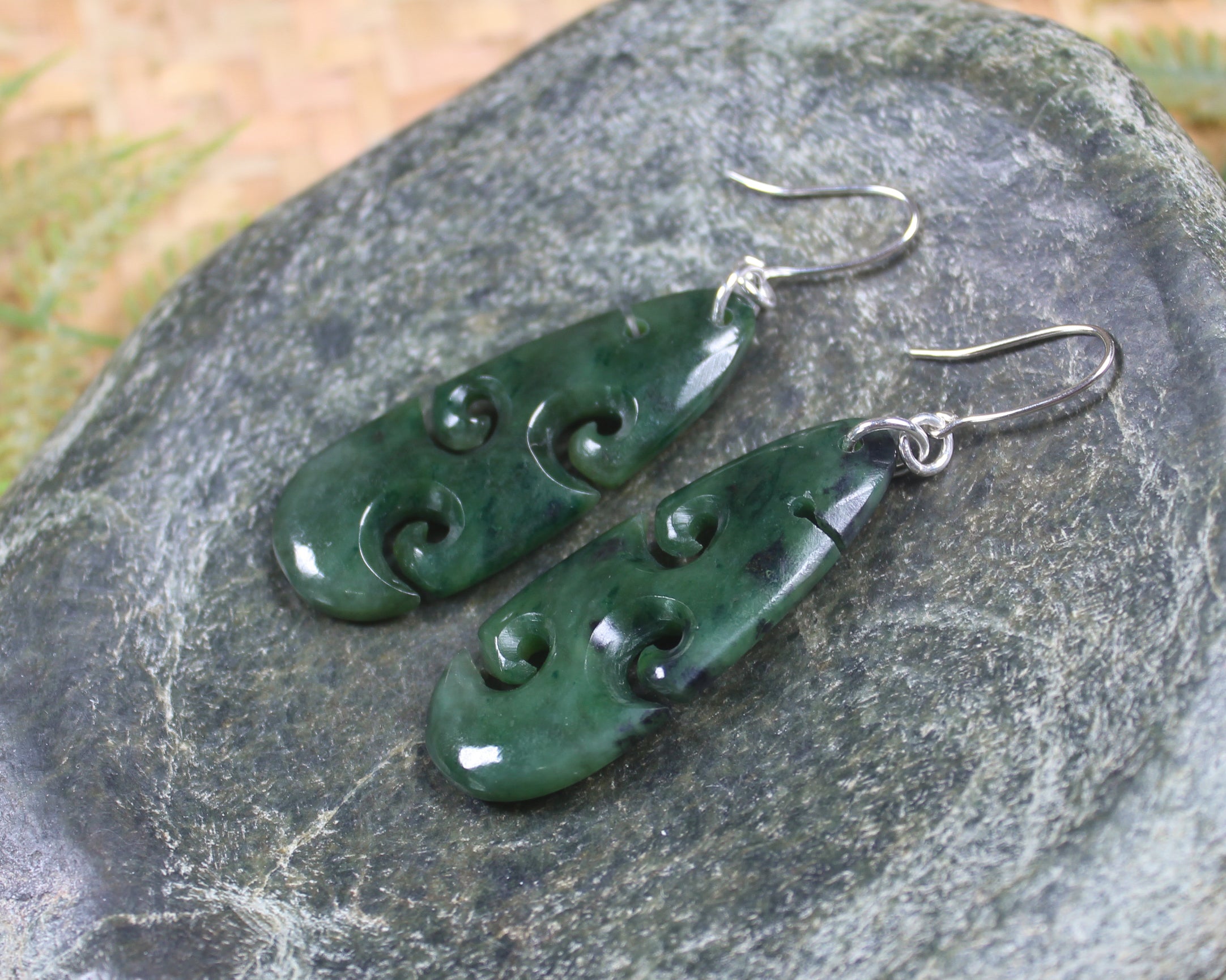 Roimata with Koru earrings carved from Kawakawa Pounamu - NZ Greenstone