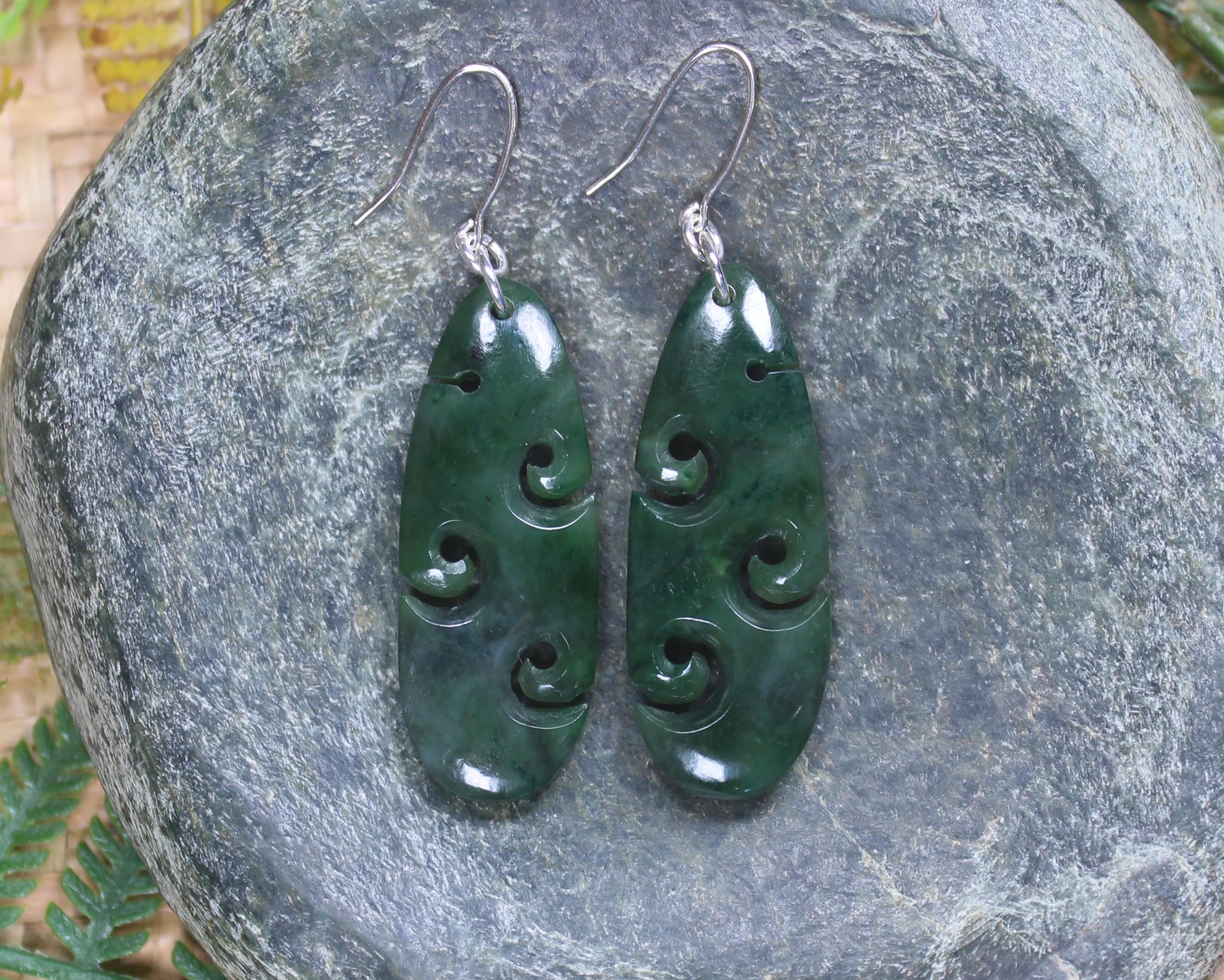 Roimata with Koru earrings carved from Kawakawa Pounamu - NZ Greenstone