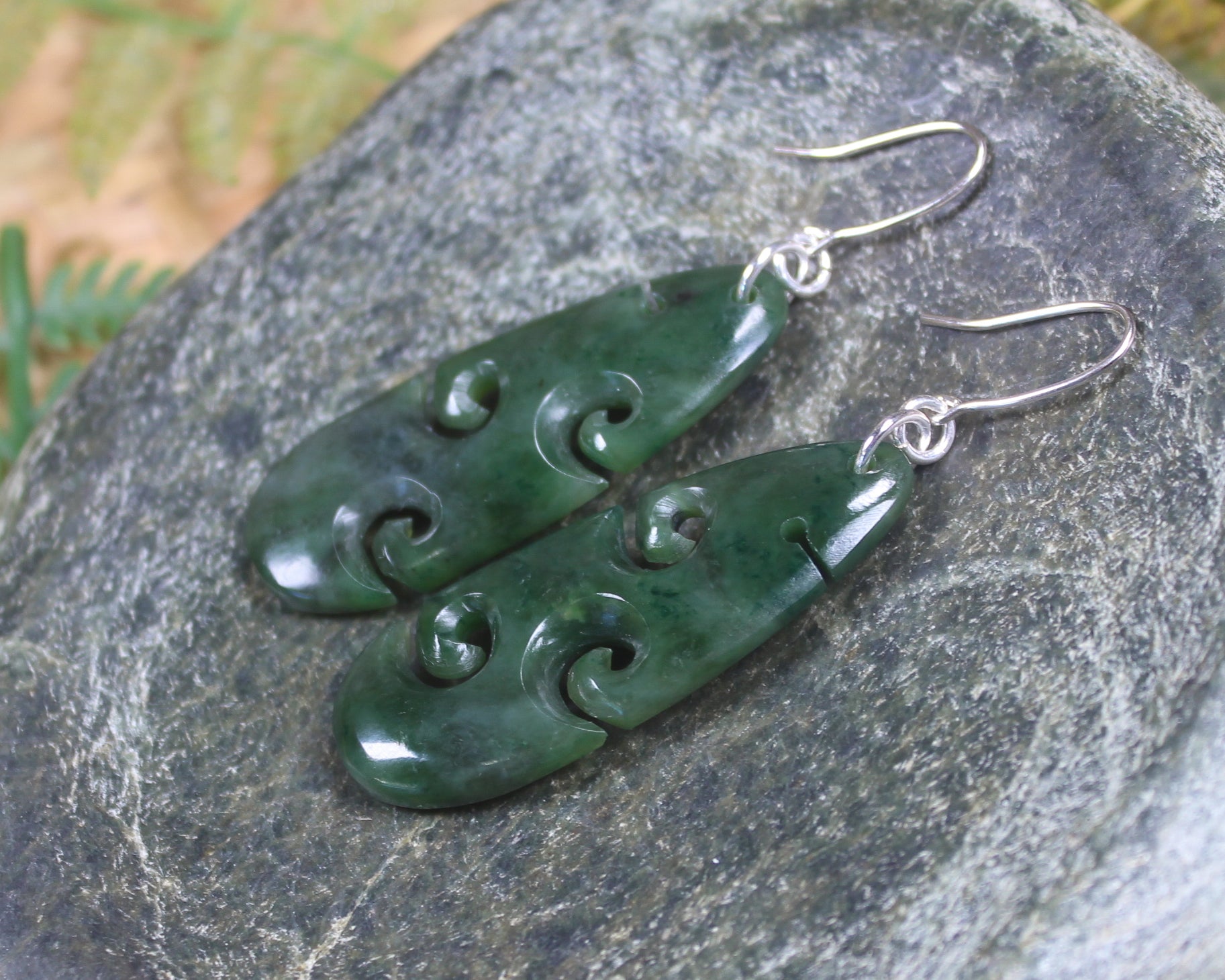 Roimata with Koru earrings carved from Kawakawa Pounamu - NZ Greenstone