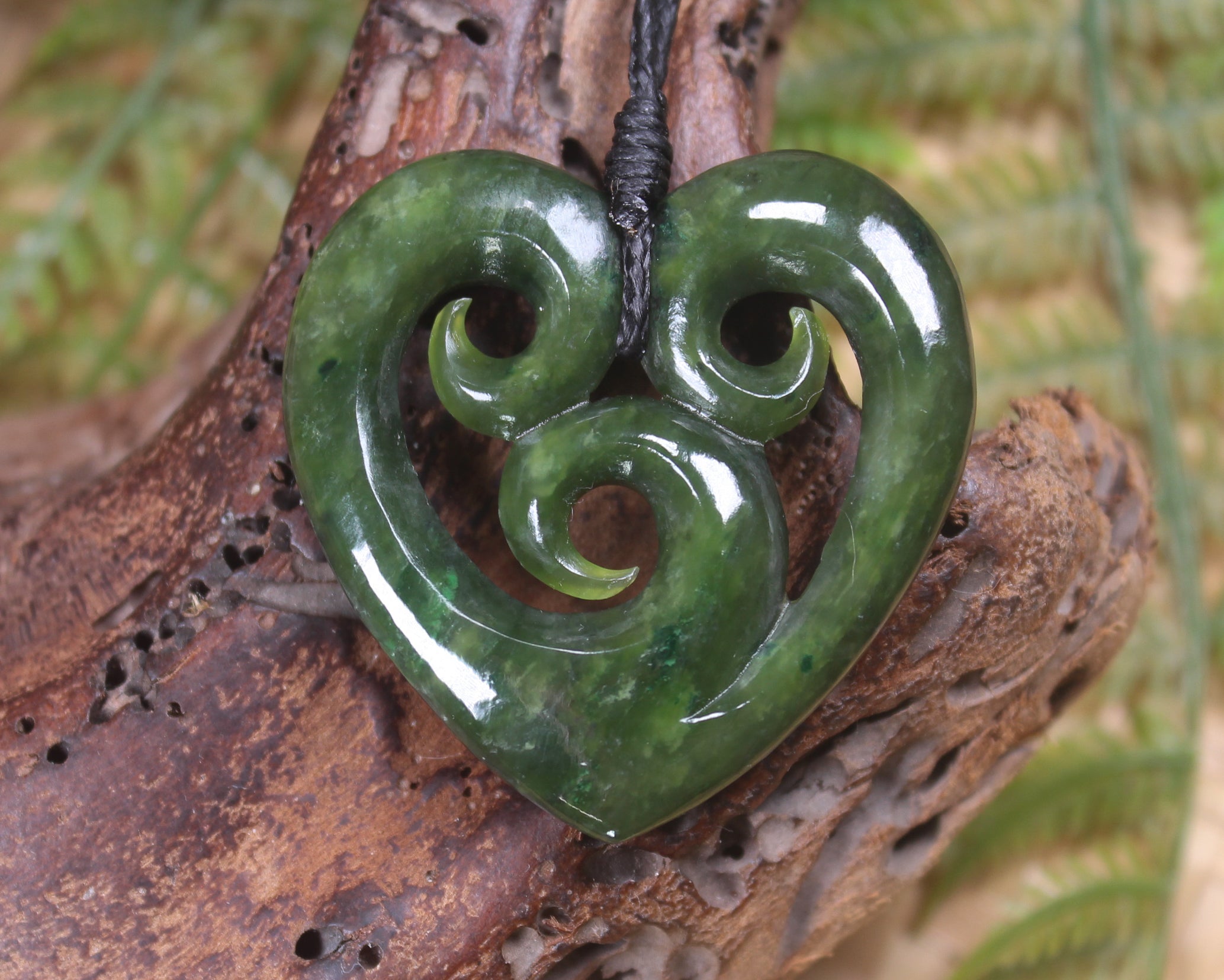 Heart with Koru carved from Rimu Pounamu - NZ Greenstone