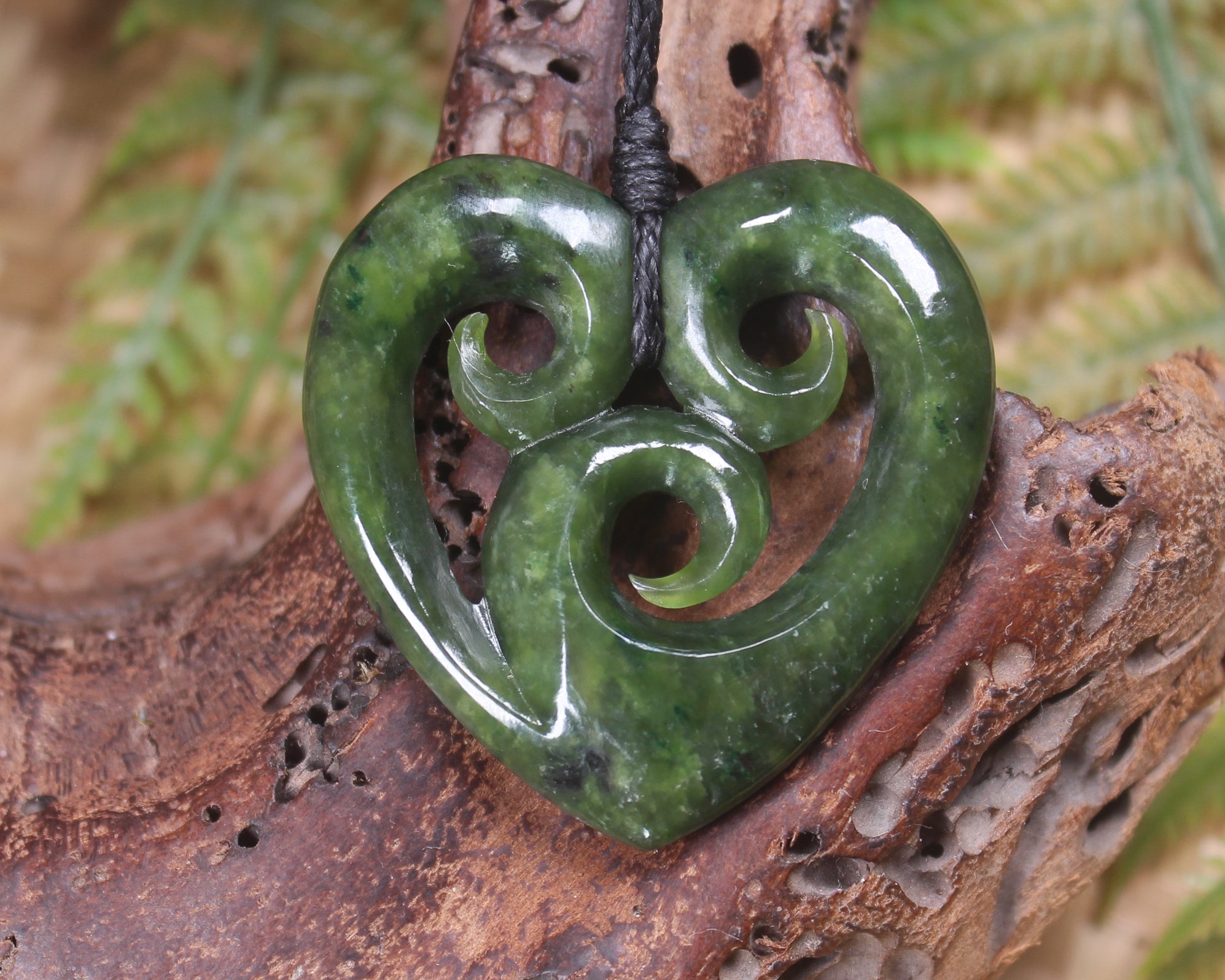 Heart with Koru carved from Rimu Pounamu - NZ Greenstone