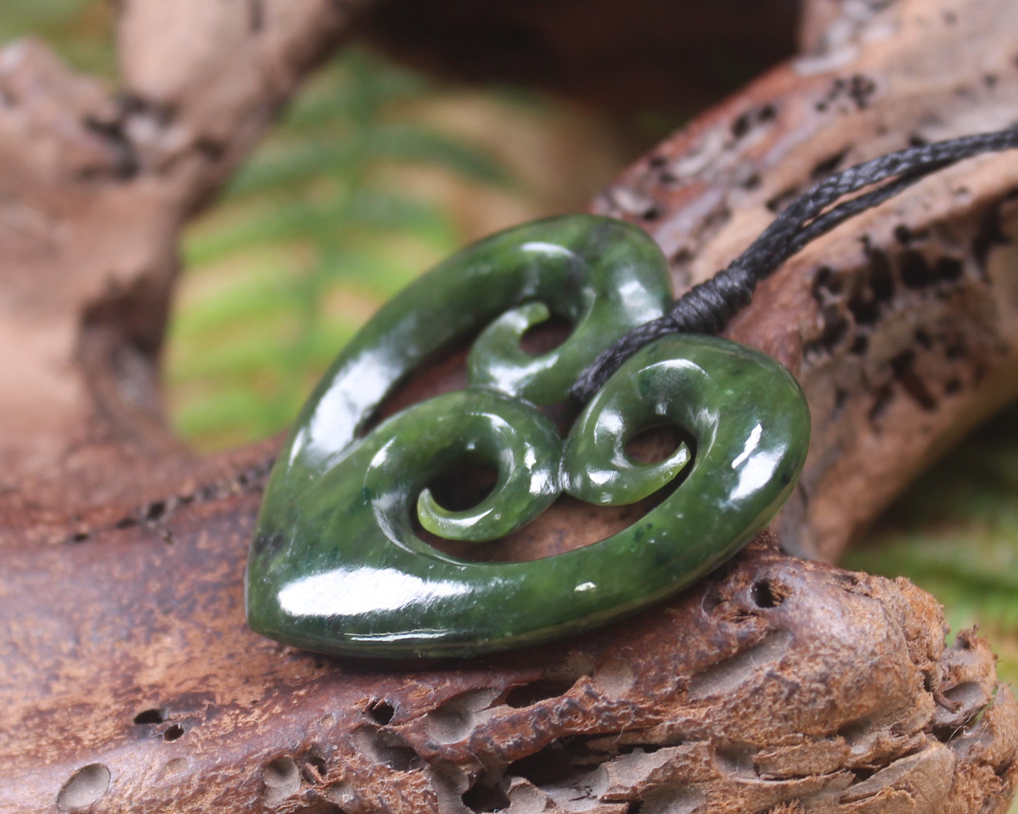 Heart with Koru carved from Rimu Pounamu - NZ Greenstone