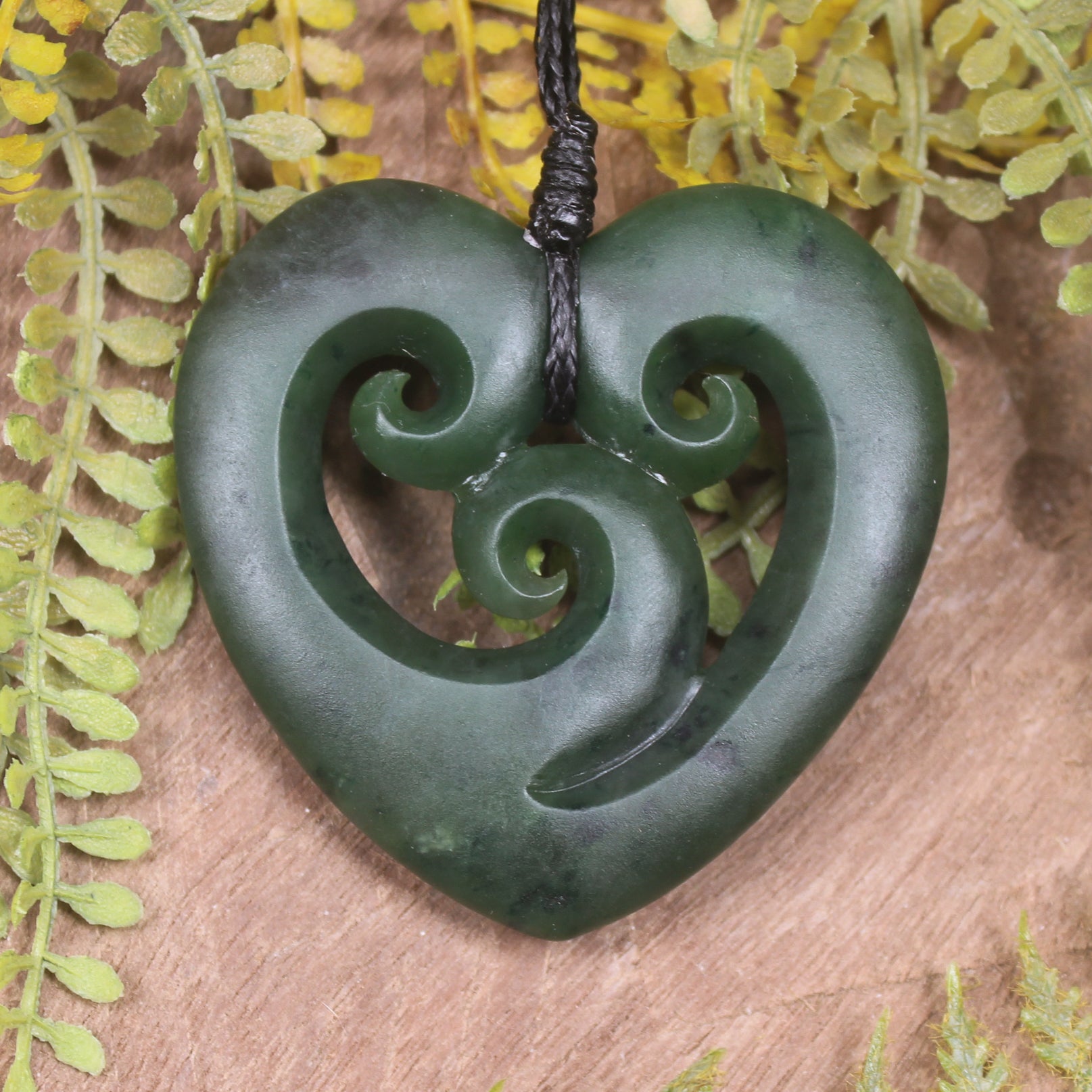 Heart with Koru carved from Kawakawa Pounamu - NZ Greenstone