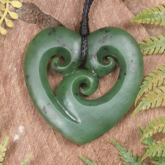 Koru Heart pendant carved from Hapopo Pounamu - NZ Greenstone