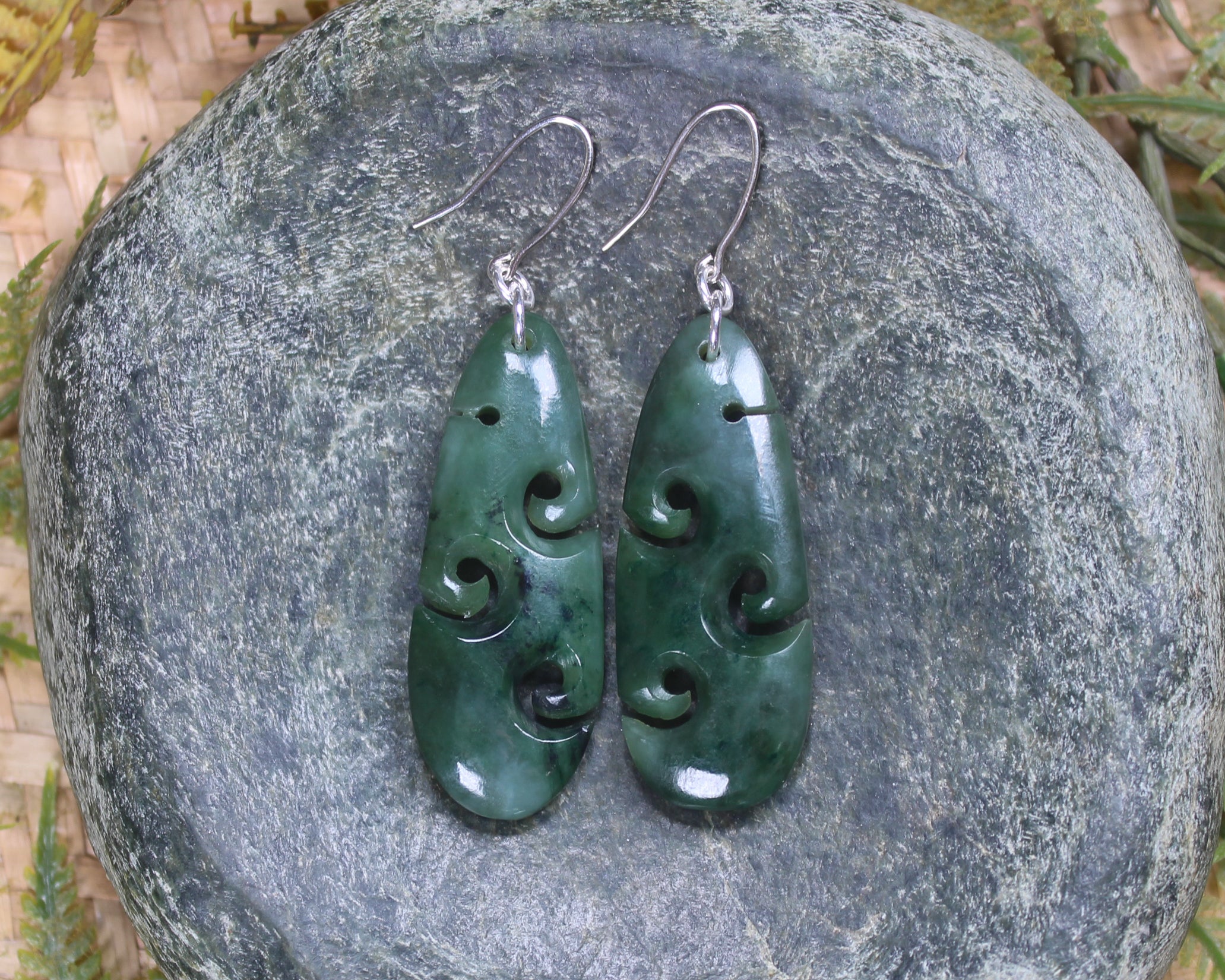 Roimata with Koru earrings carved from Kawakawa Pounamu - NZ Greenstone