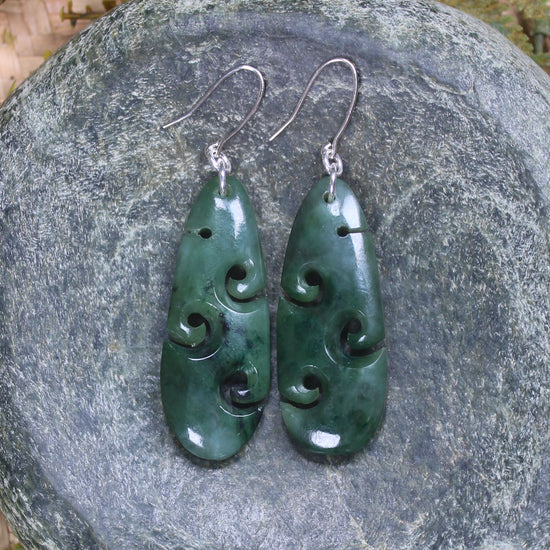 Roimata with Koru earrings carved from Kawakawa Pounamu - NZ Greenstone