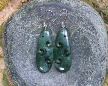 Roimata with Koru earrings carved from Kawakawa Pounamu - NZ Greenstone