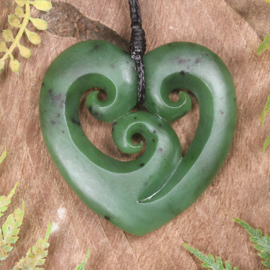 Koru Heart pendant carved from Hapopo Pounamu - NZ Greenstone