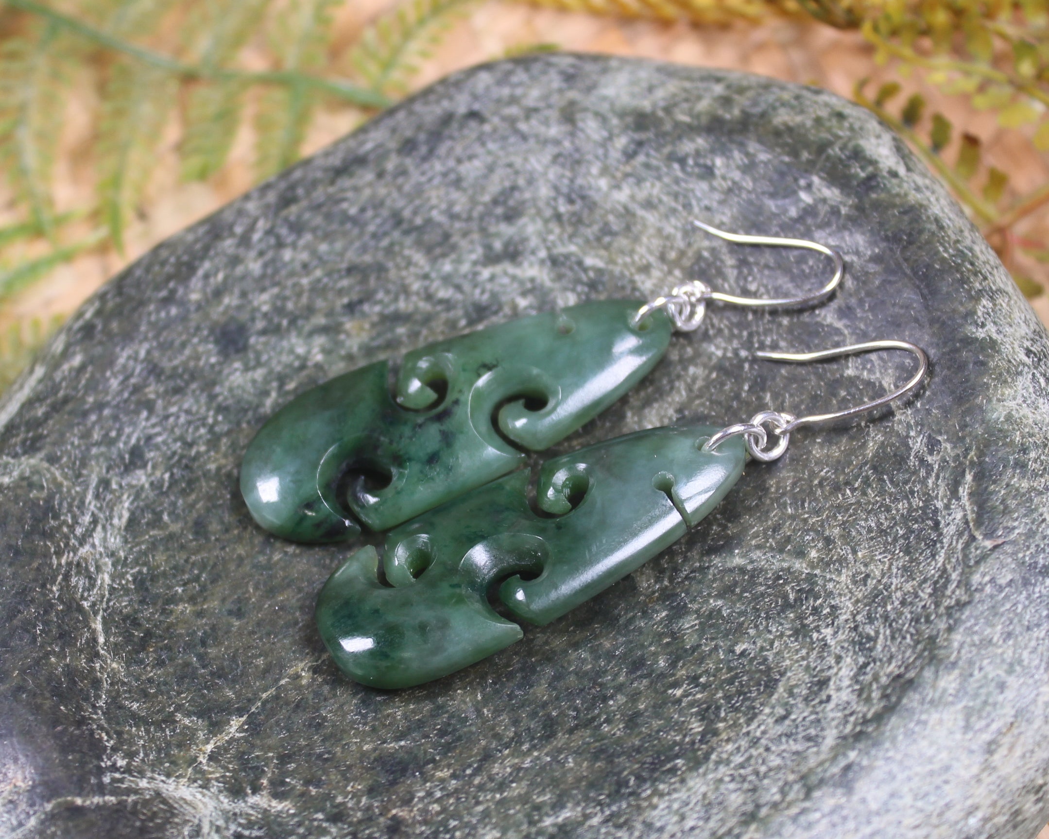 Roimata with Koru earrings carved from Kawakawa Pounamu - NZ Greenstone