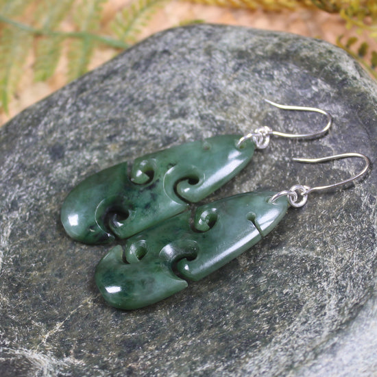 Roimata with Koru earrings carved from Kawakawa Pounamu - NZ Greenstone