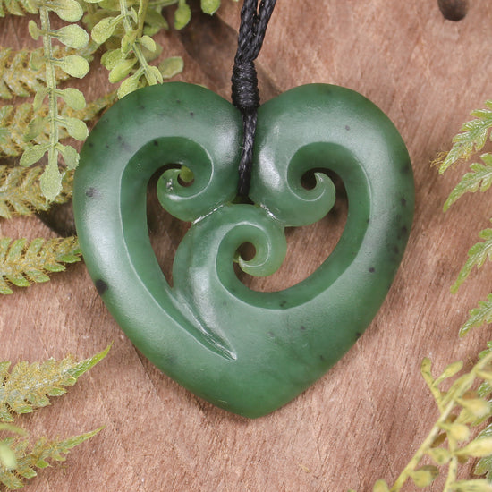 Heart with Koru carved from Hapopo Pounamu - NZ Greenstone