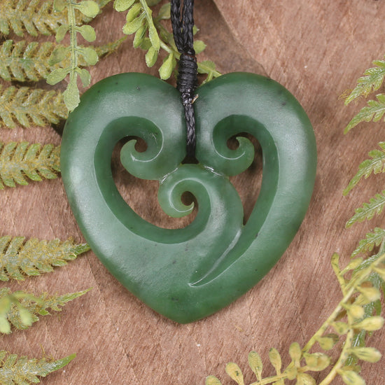 Heart with Koru carved from Hapopo Pounamu - NZ Greenstone