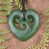 Heart with Koru carved from Hapopo Pounamu - NZ Greenstone