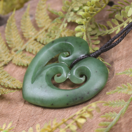 Heart with Koru carved from Hapopo Pounamu - NZ Greenstone