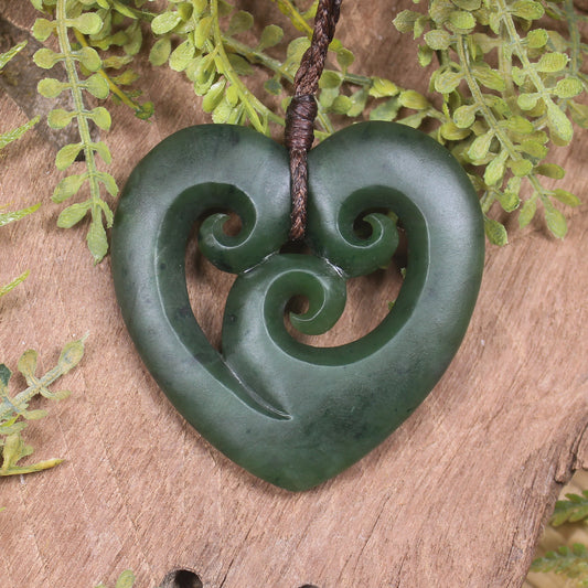 Heart with Koru carved from Kawakawa Pounamu - NZ Greenstone