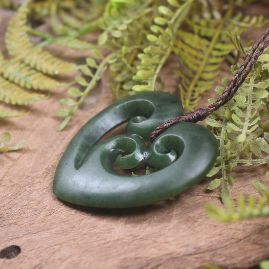 Heart with Koru carved from Kawakawa Pounamu - NZ Greenstone