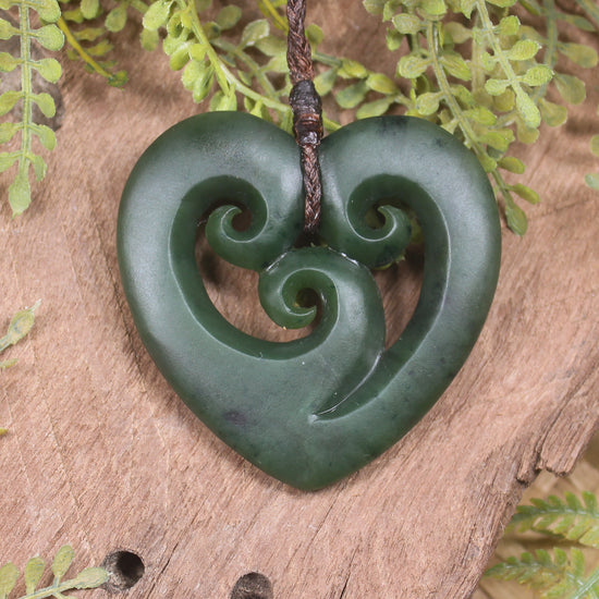 Heart with Koru carved from Kawakawa Pounamu - NZ Greenstone