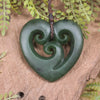 Heart with Koru carved from Kawakawa Pounamu - NZ Greenstone