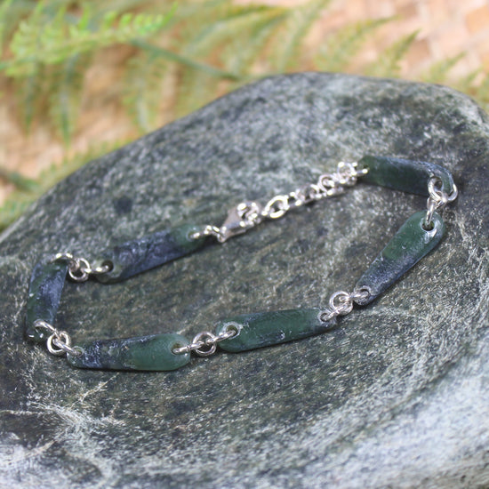 Sterling Silver set linked bracelet with Hapopo Pounamu - NZ Greenstone