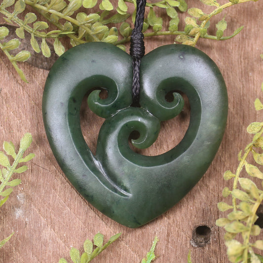 Heart with Koru carved from Kawakawa Pounamu - NZ Greenstone