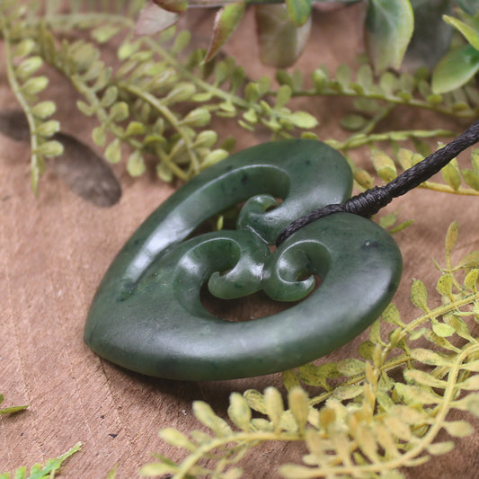 Heart with Koru carved from Kawakawa Pounamu - NZ Greenstone