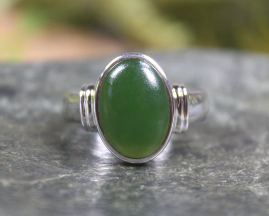 Sterling Silver Kawakawa Pounamu Ring - NZ Greenstone