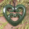 Heart with Koru carved from Hapopo Pounamu - NZ Greenstone