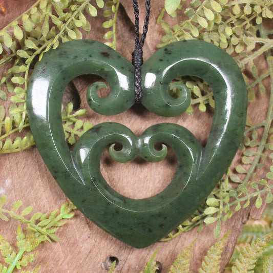 Heart with Koru carved from Hapopo Pounamu - NZ Greenstone