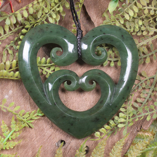 Heart with Koru carved from Hapopo Pounamu - NZ Greenstone