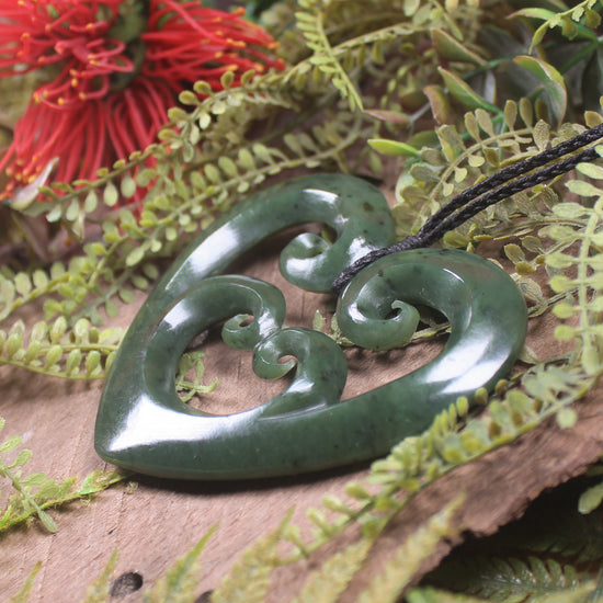 Heart with Koru carved from Hapopo Pounamu - NZ Greenstone