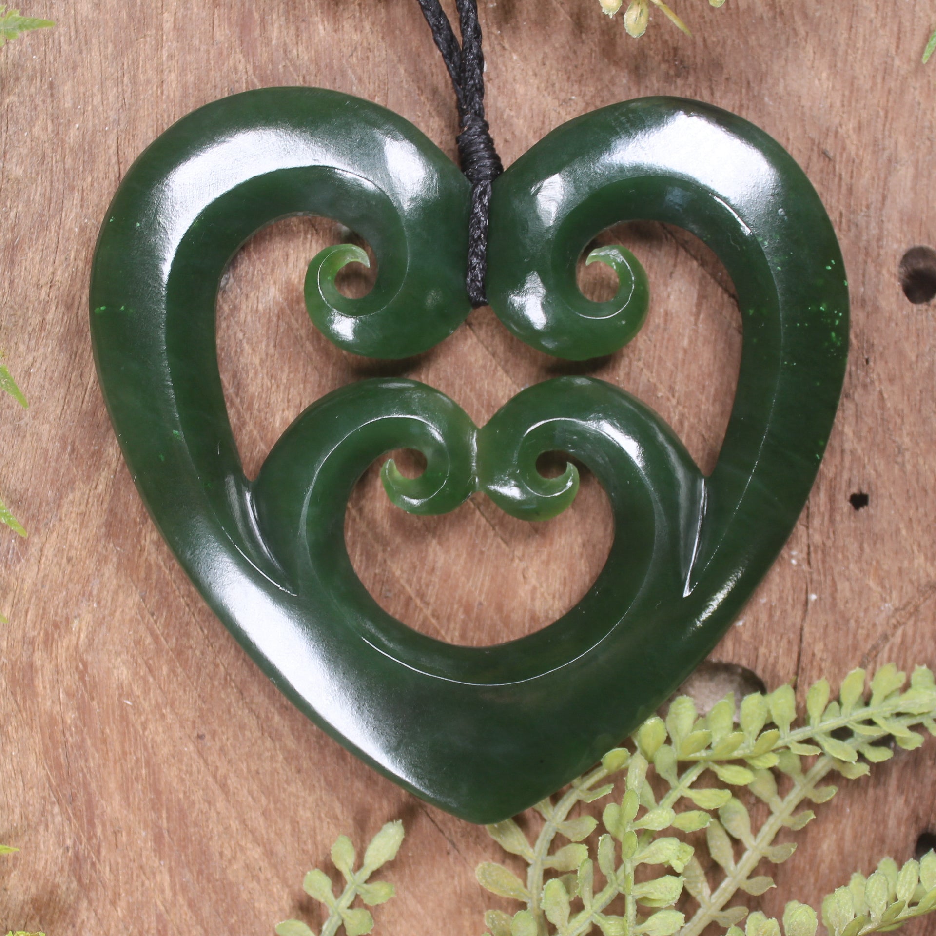 Heart with Koru carved from Kawakawa Pounamu - NZ Greenstone