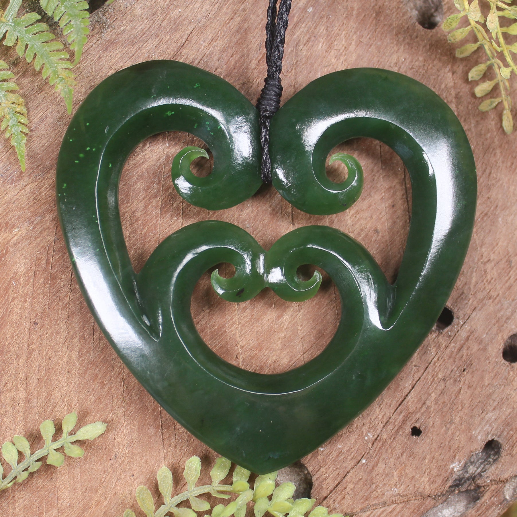 Heart with Koru carved from Kawakawa Pounamu - NZ Greenstone