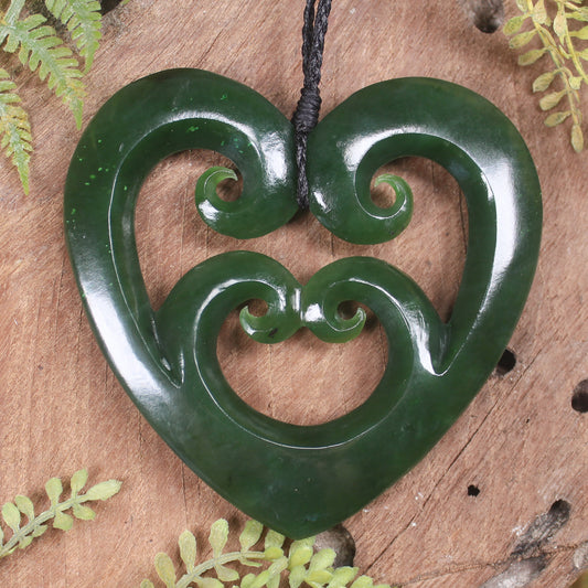Heart with Koru carved from Kawakawa Pounamu - NZ Greenstone