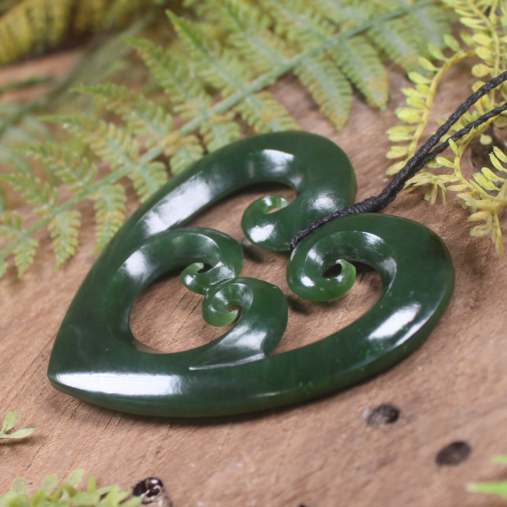 Heart with Koru carved from Kawakawa Pounamu - NZ Greenstone