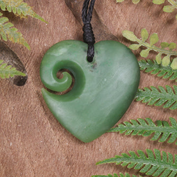 Heart with Koru carved from Hapopo Pounamu - NZ Greenstone
