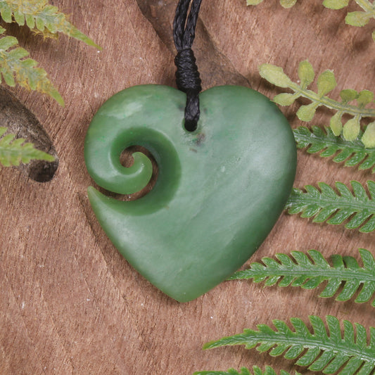 Heart with Koru carved from Hapopo Pounamu - NZ Greenstone
