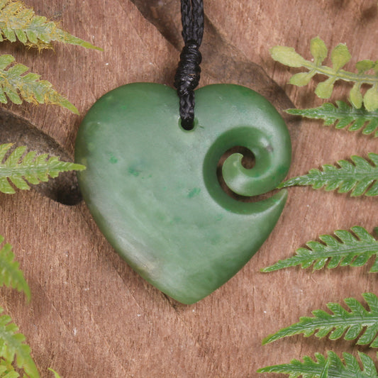 Heart with Koru carved from Hapopo Pounamu - NZ Greenstone