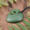 Heart with Koru carved from Hapopo Pounamu - NZ Greenstone