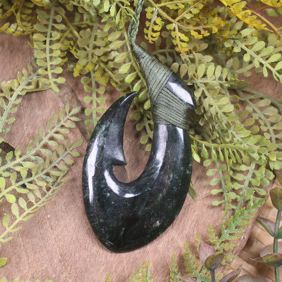 Hei Matau or Fish Hook carved from Kawakawa Pounamu - NZ Greenstone