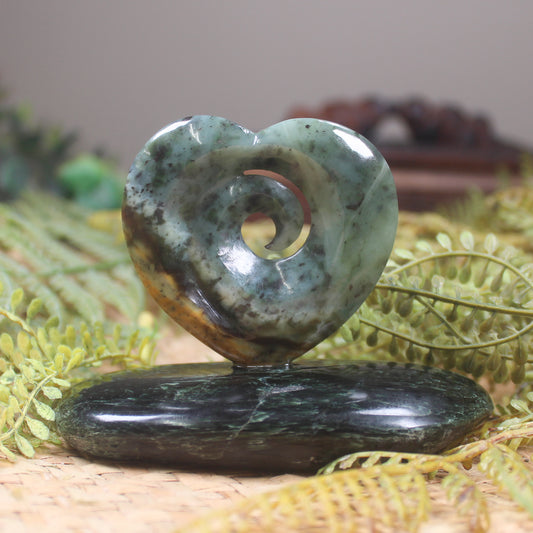 Koru heart sculpture carved from Flower Jade Pounamu - NZ Greenstone
