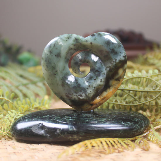Koru heart sculpture carved from Flower Jade Pounamu - NZ Greenstone
