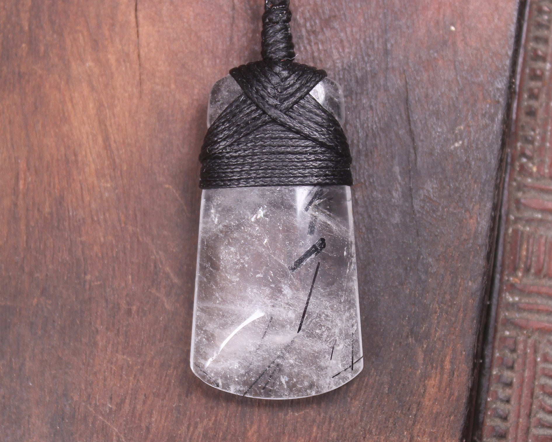 Quartz with Black Tourmaline carved into a Toki or Adze