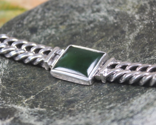 Kawakawa Pounamu Sterling Silver chain bracelet - NZ Greenstone