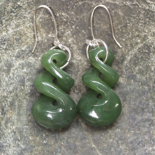 Twist Earrings carved from Hapopo Pounamu - NZ Greenstone