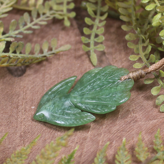 Pīwakawaka or Fantail Bird Pendant carved from Kawakawa Pounamu - NZ Greenstone