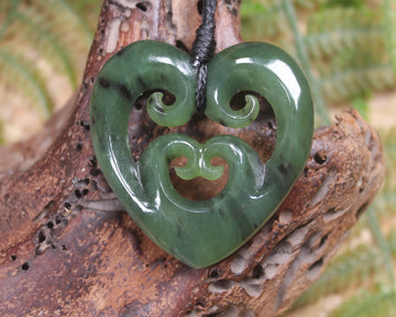 Heart with Koru carved from Hapopo Pounamu - NZ Greenstone