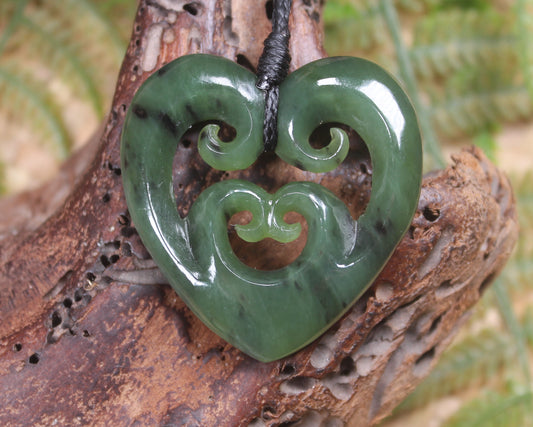 Heart with Koru carved from Hapopo Pounamu - NZ Greenstone