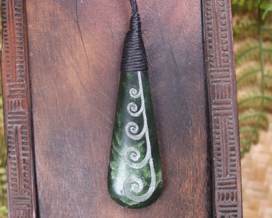 Roimata or Teardop with Koru carved from Kawakawa Pounamu - NZ Greenstone