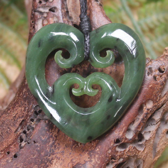Heart with Koru carved from Hapopo Pounamu - NZ Greenstone